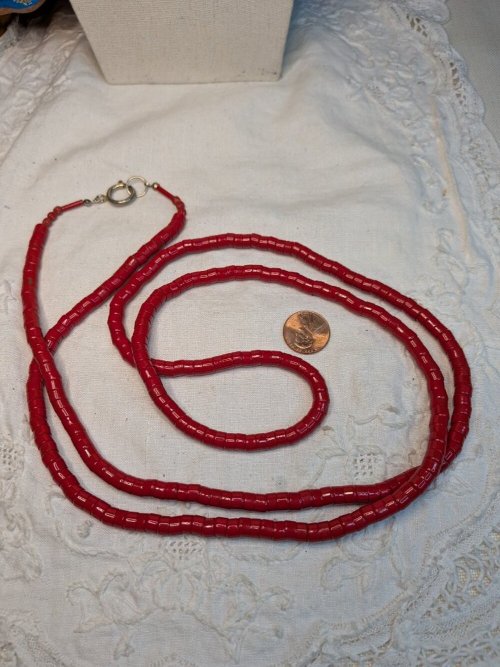 Vintage Red Enamel Brass Bead Necklace – 46" Long Layering Strand - Picture 4 of 8